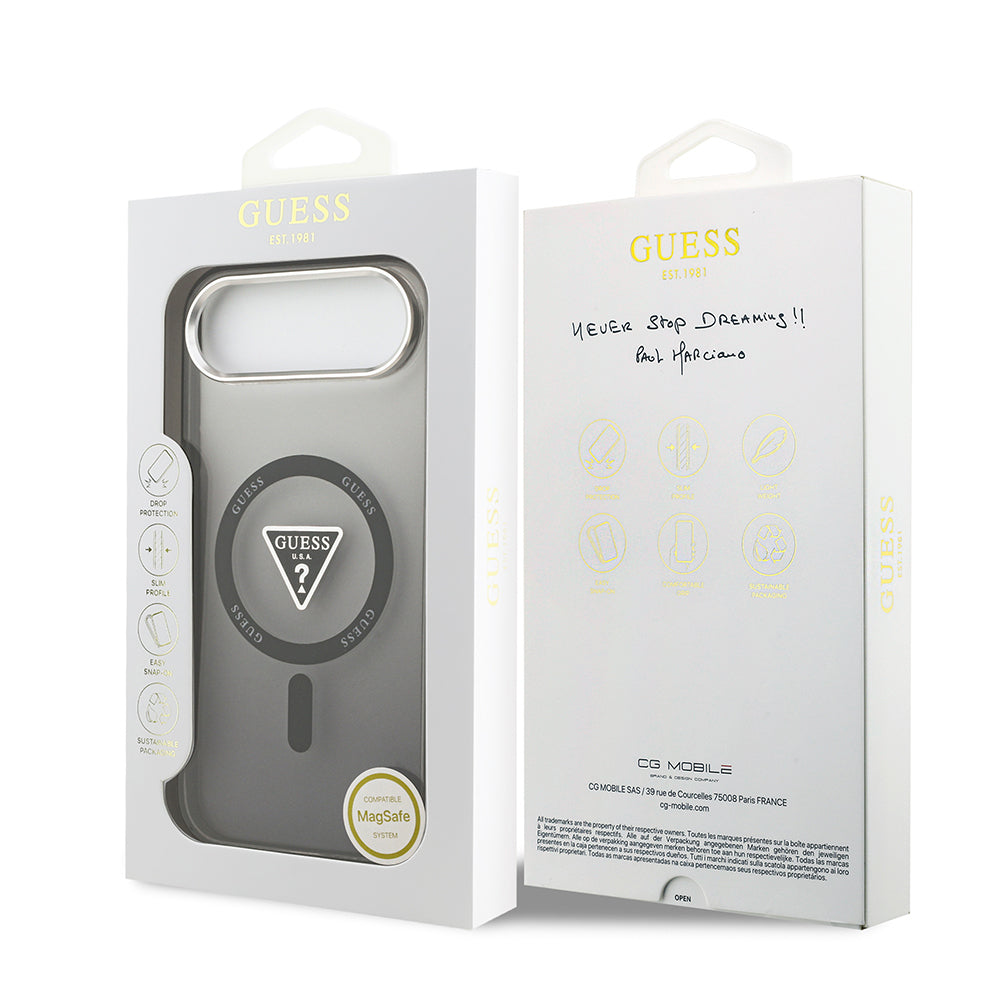 iPhone 17 Air Kılıf Guess Orjinal Lisanslı M-safe Şarj Özellikli IML Baskılı Üçgen Logolu Metal Kamera Çerçeveli Kapak