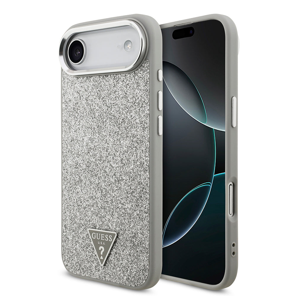 iPhone 17 Air Kılıf Guess Orjinal Lisanslı M-safe Şarj Özellikli Metal Kamera Çerçeveli Üçgen Logolu Glitter Kapak