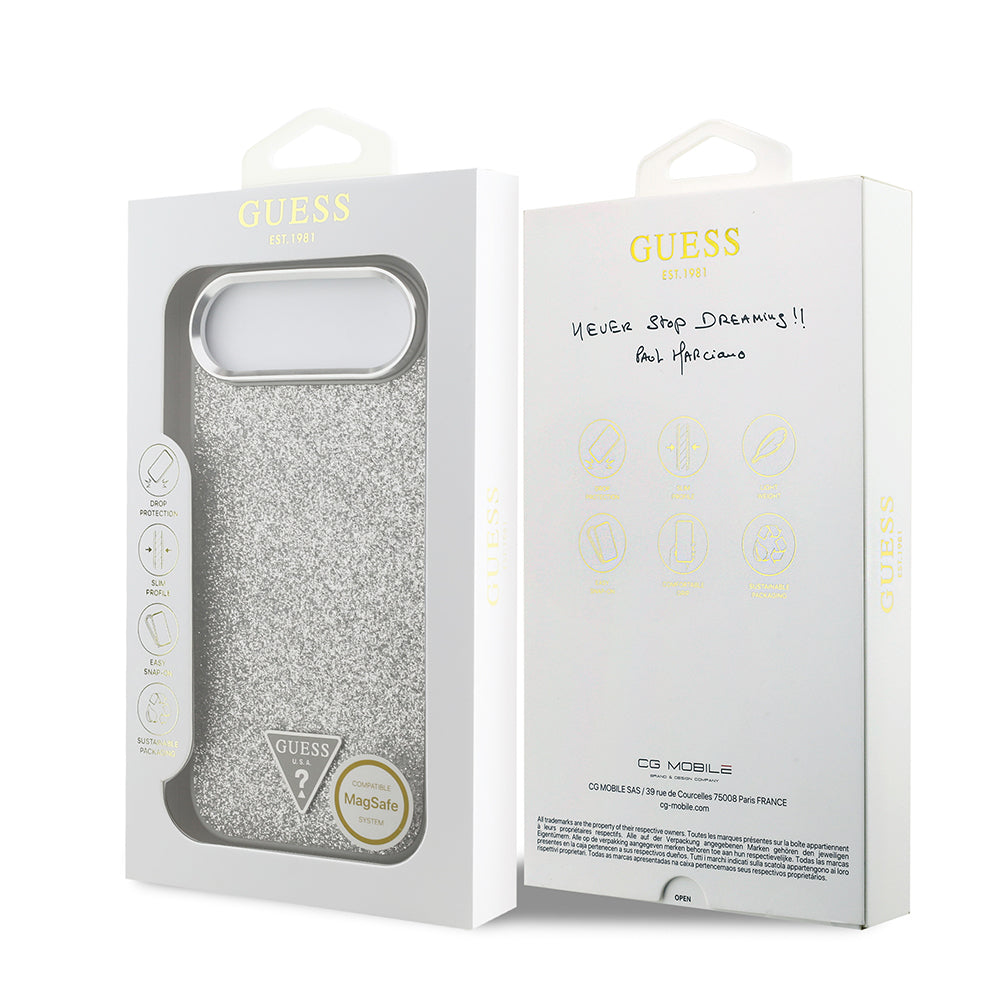 iPhone 17 Air Kılıf Guess Orjinal Lisanslı M-safe Şarj Özellikli Metal Kamera Çerçeveli Üçgen Logolu Glitter Kapak