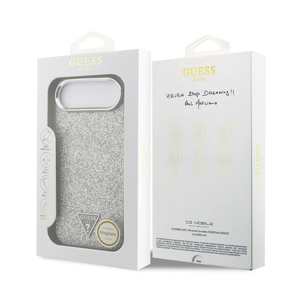 iPhone 17 Air Kılıf Guess Orjinal Lisanslı M-safe Şarj Özellikli Metal Kamera Çerçeveli Üçgen Logolu Glitter Kapak