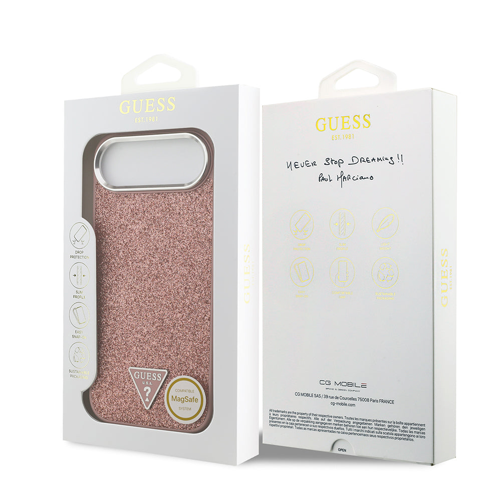 iPhone 17 Air Kılıf Guess Orjinal Lisanslı M-safe Şarj Özellikli Metal Kamera Çerçeveli Üçgen Logolu Glitter Kapak