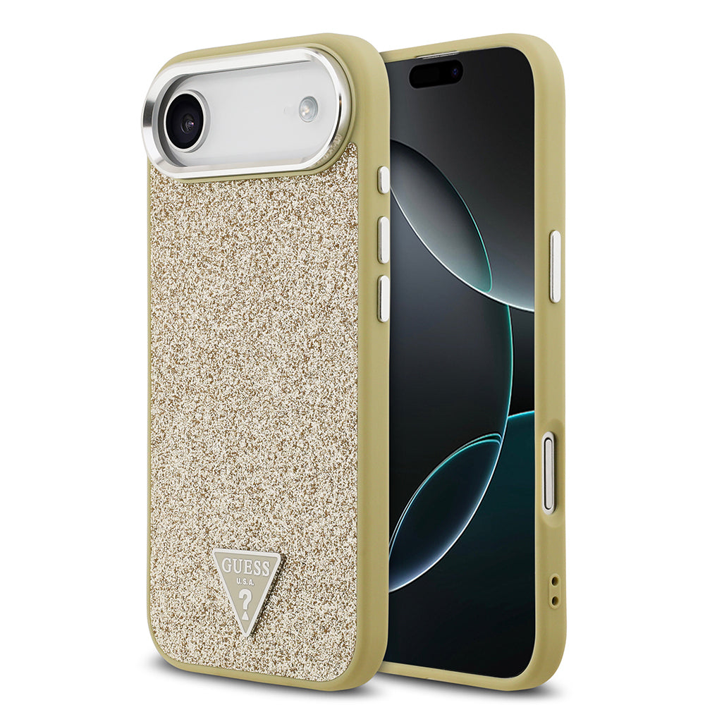 iPhone 17 Air Kılıf Guess Orjinal Lisanslı M-safe Şarj Özellikli Metal Kamera Çerçeveli Üçgen Logolu Glitter Kapak