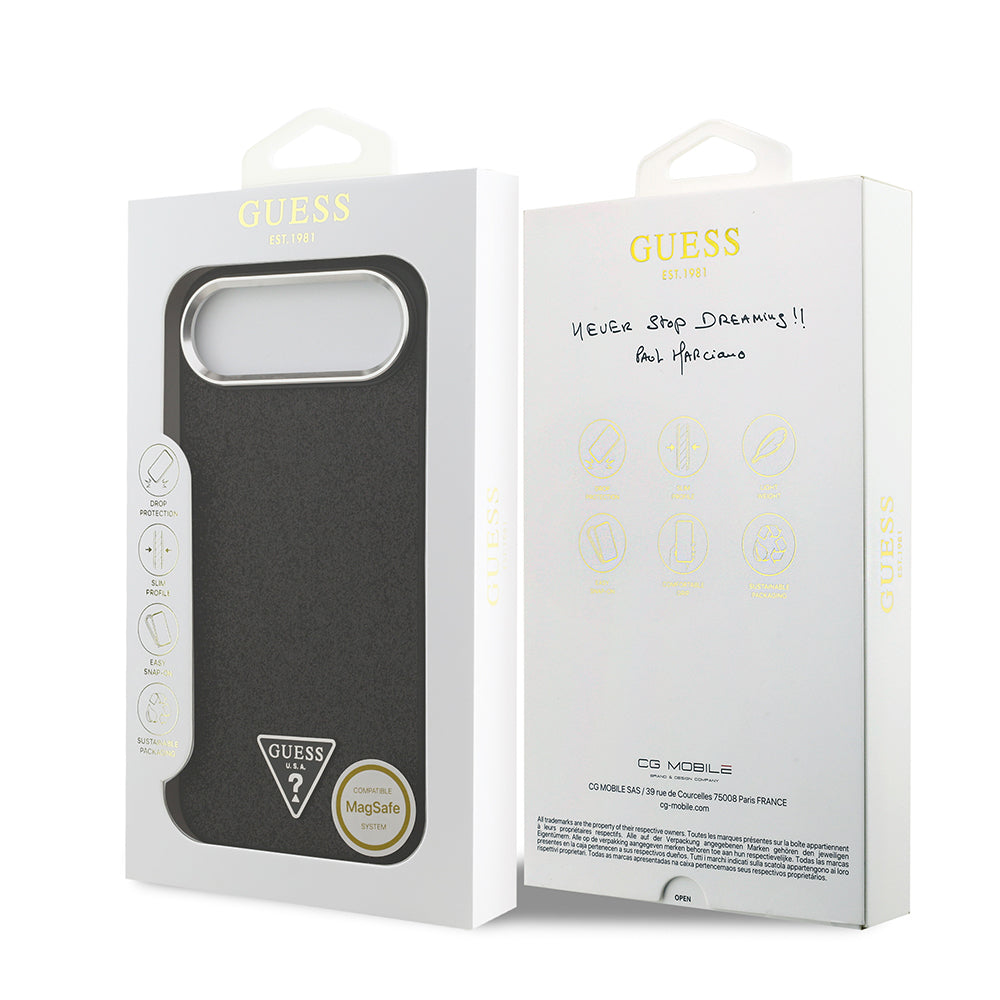 iPhone 17 Air Kılıf Guess Orjinal Lisanslı M-safe Şarj Özellikli Metal Kamera Çerçeveli Üçgen Logolu Glitter Kapak