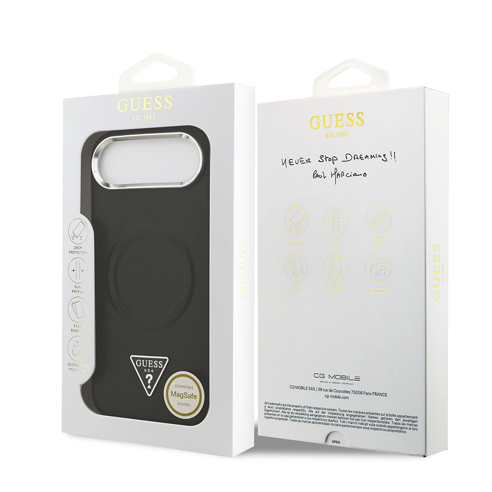 iPhone 17 Air Kılıf Guess Orjinal Lisanslı M-safe Şarj Özellikli PU Deri Metal Kamera Çerçeveli Üçgen Logolu Kapak