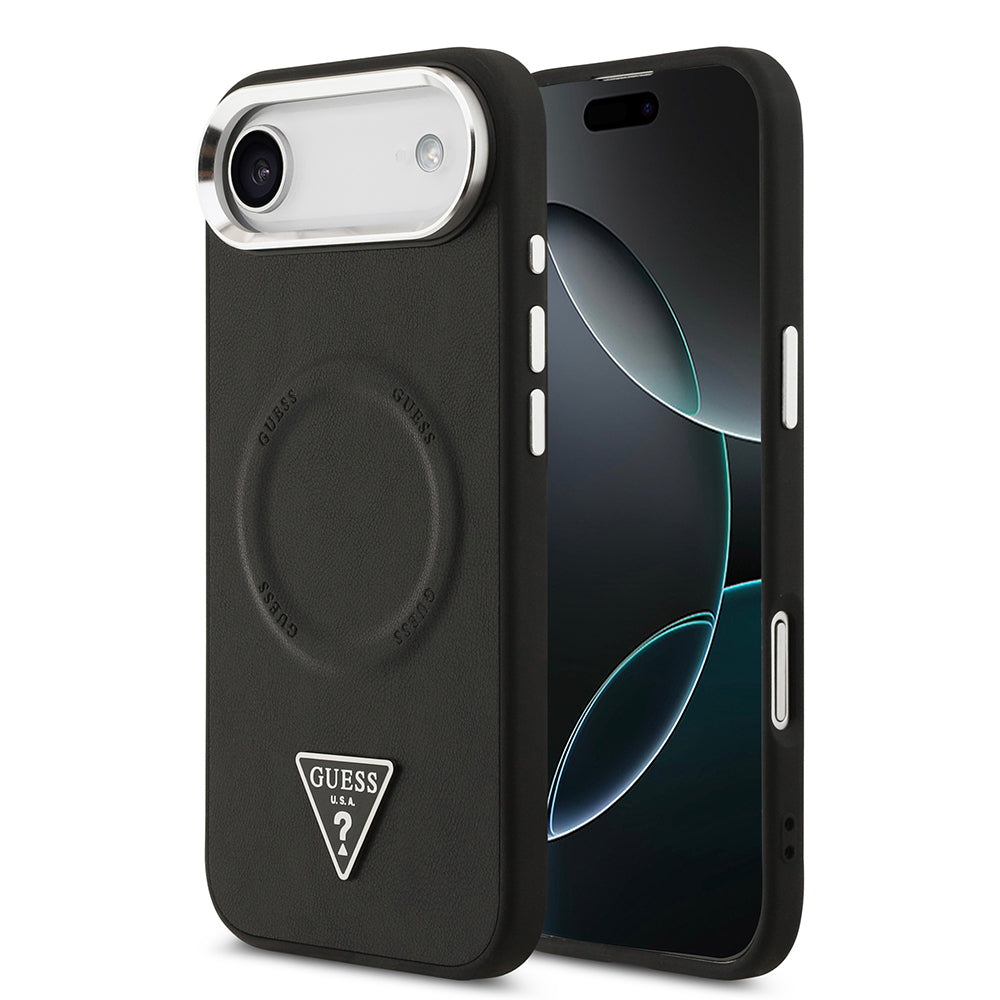 iPhone 17 Air Kılıf Guess Orjinal Lisanslı M-safe Şarj Özellikli PU Deri Metal Kamera Çerçeveli Üçgen Logolu Kapak