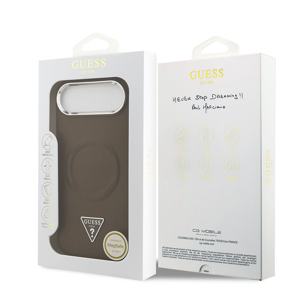 iPhone 17 Air Kılıf Guess Orjinal Lisanslı M-safe Şarj Özellikli PU Deri Metal Kamera Çerçeveli Üçgen Logolu Kapak