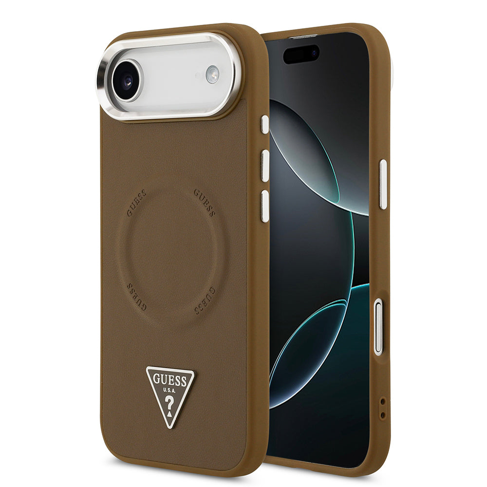 iPhone 17 Air Kılıf Guess Orjinal Lisanslı M-safe Şarj Özellikli PU Deri Metal Kamera Çerçeveli Üçgen Logolu Kapak