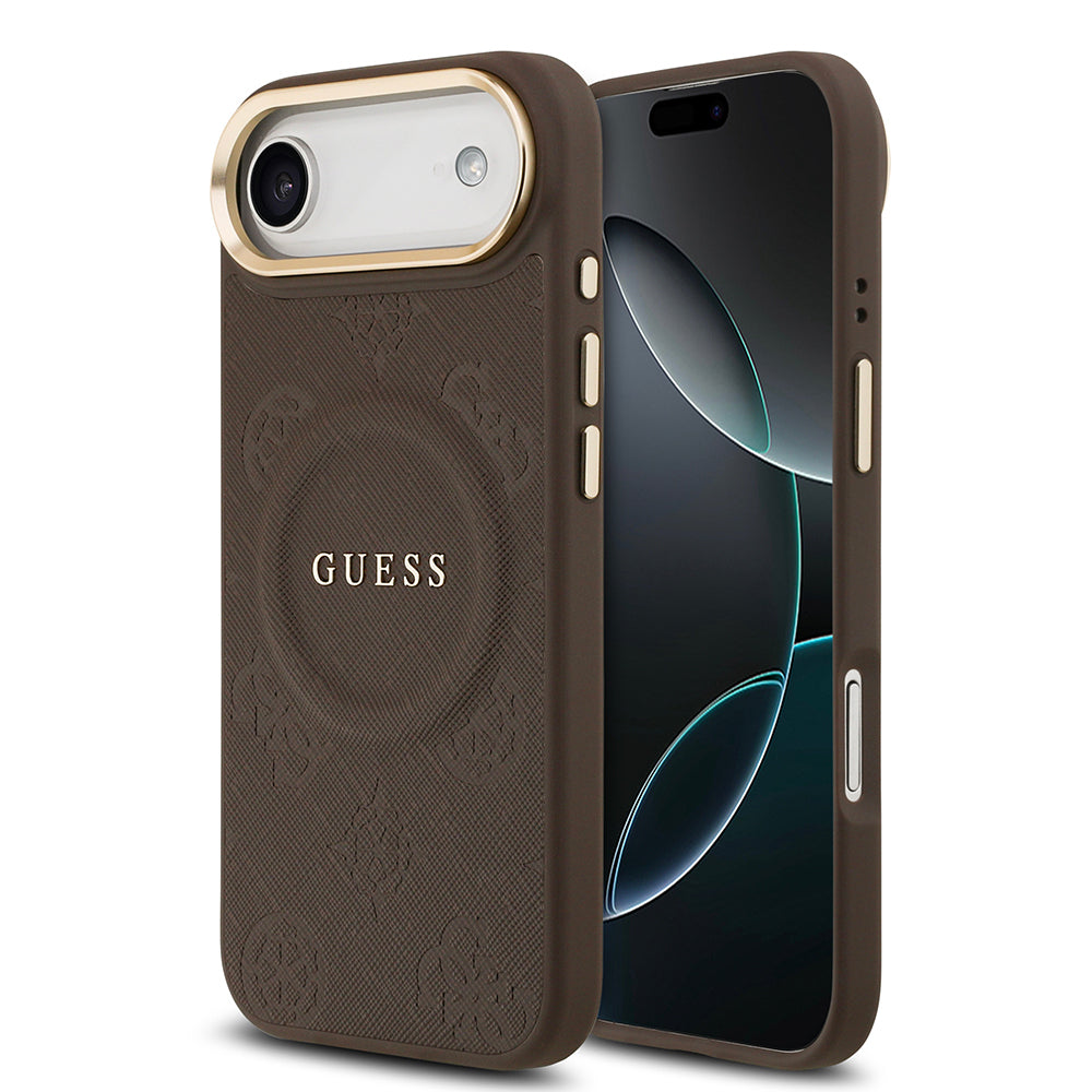 iPhone 17 Air Kılıf Guess Orjinal Lisanslı M-safe Şarj Özellikli Sıcak Baskılı Yazı Logolu PU Deri Peony Kapak