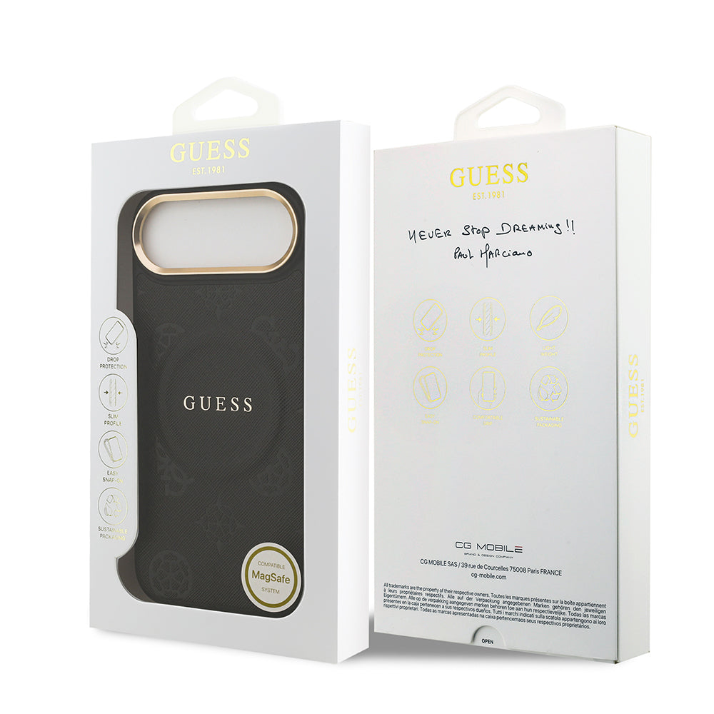 iPhone 17 Air Kılıf Guess Orjinal Lisanslı M-safe Şarj Özellikli Sıcak Baskılı Yazı Logolu PU Deri Peony Kapak