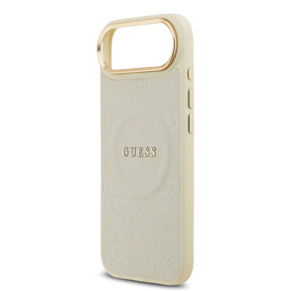 iPhone 17 Air Kılıf Guess Orjinal Lisanslı M-safe Şarj Özellikli Sıcak Baskılı Yazı Logolu PU Deri Peony Kapak
