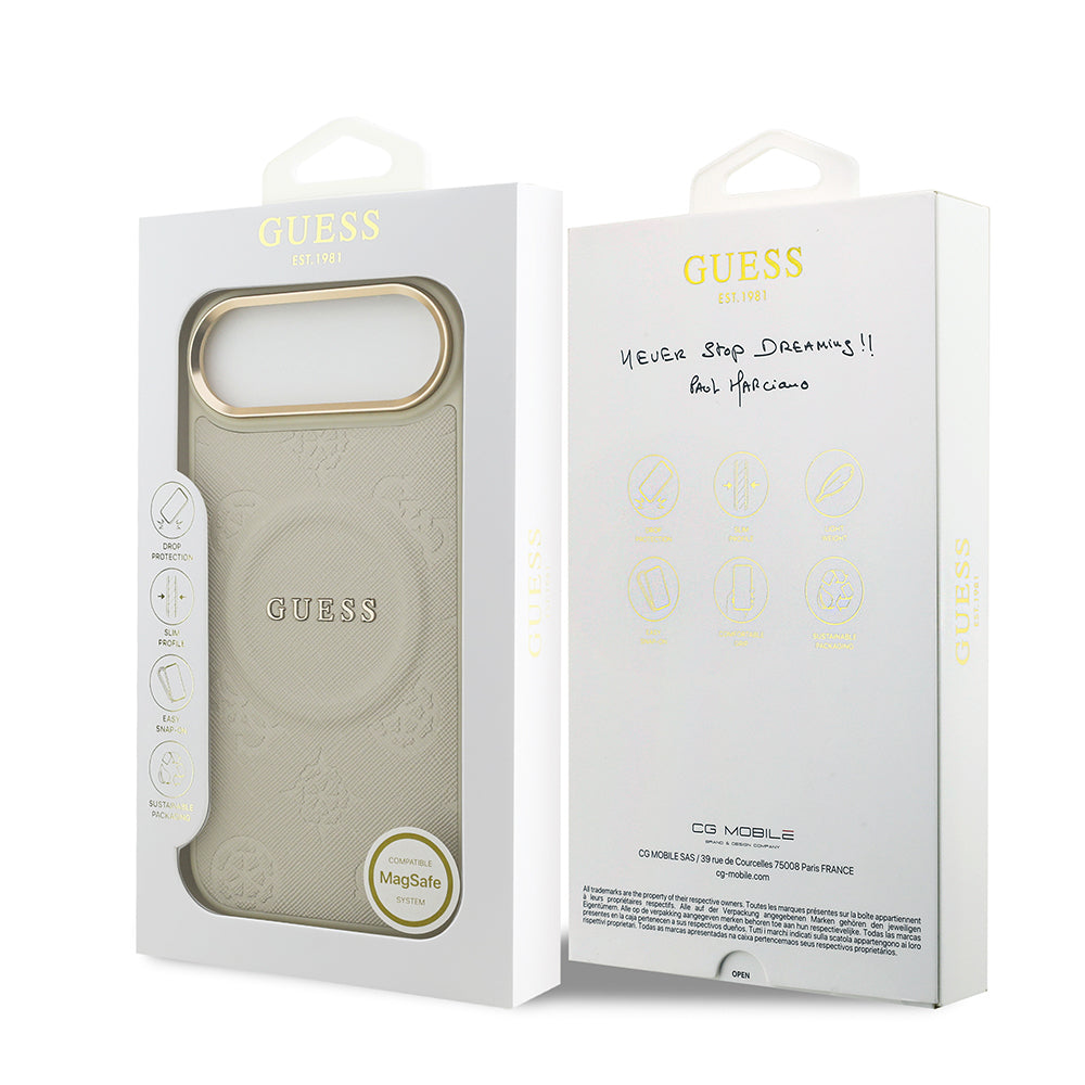 iPhone 17 Air Kılıf Guess Orjinal Lisanslı M-safe Şarj Özellikli Sıcak Baskılı Yazı Logolu PU Deri Peony Kapak