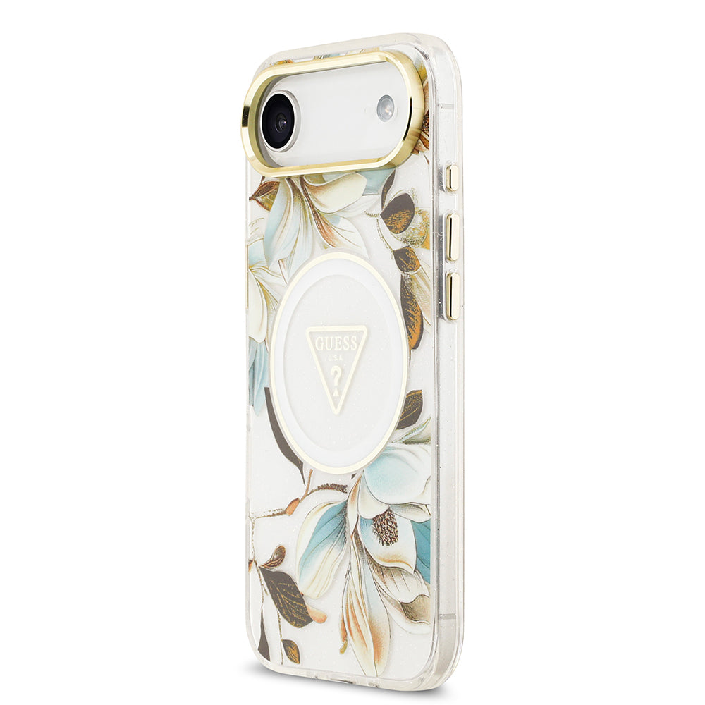 iPhone 17 Air Kılıf Guess Orjinal Lisanslı M-safe Şarj Özellikli Simli Çiçek Desenli Metal Kamera Çerçeveli Üçgen Logolu Kapak