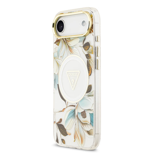 iPhone 17 Air Kılıf Guess Orjinal Lisanslı M-safe Şarj Özellikli Simli Çiçek Desenli Metal Kamera Çerçeveli Üçgen Logolu Kapak
