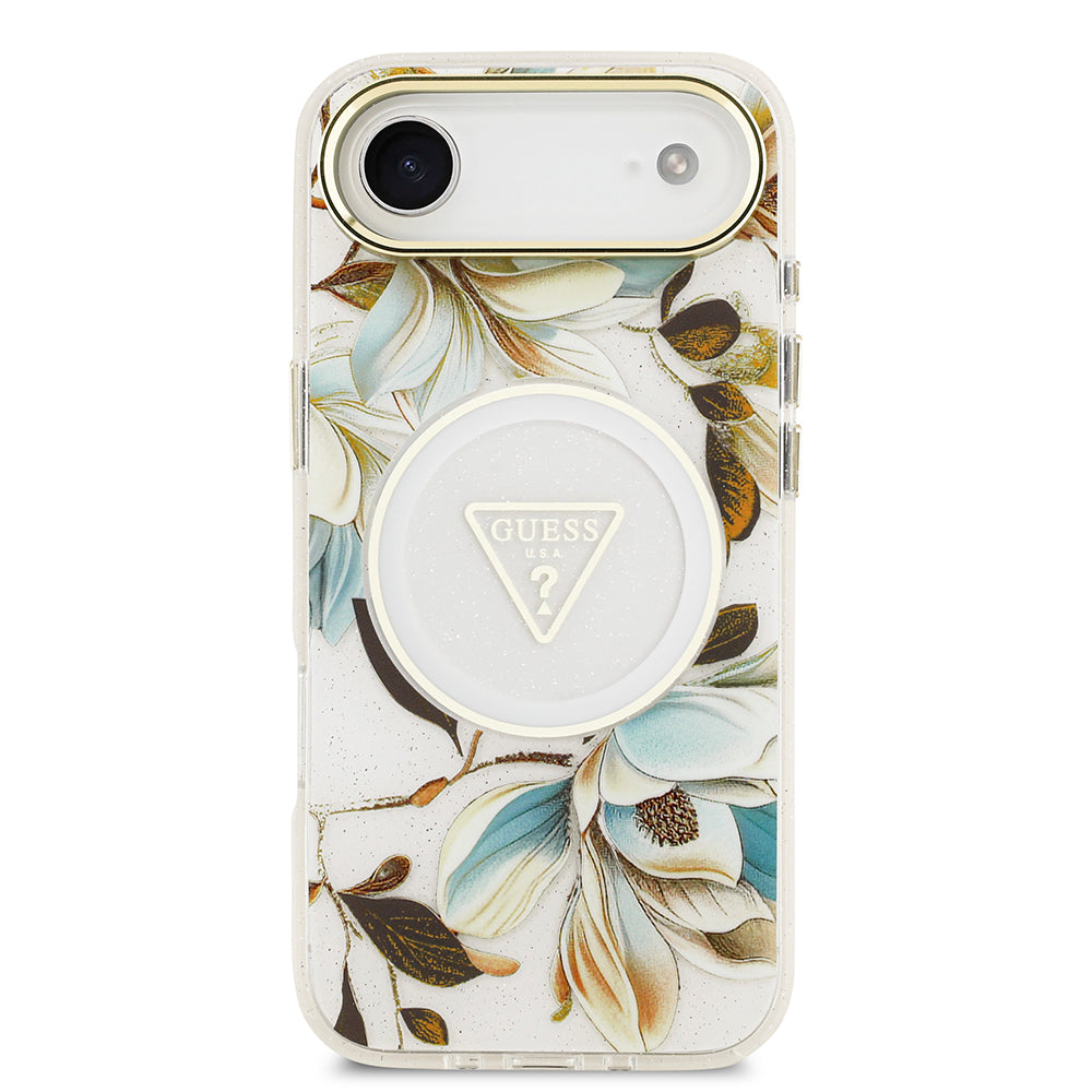 iPhone 17 Air Kılıf Guess Orjinal Lisanslı M-safe Şarj Özellikli Simli Çiçek Desenli Metal Kamera Çerçeveli Üçgen Logolu Kapak