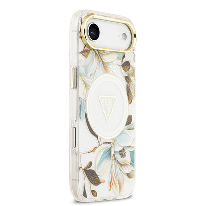 iPhone 17 Air Kılıf Guess Orjinal Lisanslı M-safe Şarj Özellikli Simli Çiçek Desenli Metal Kamera Çerçeveli Üçgen Logolu Kapak