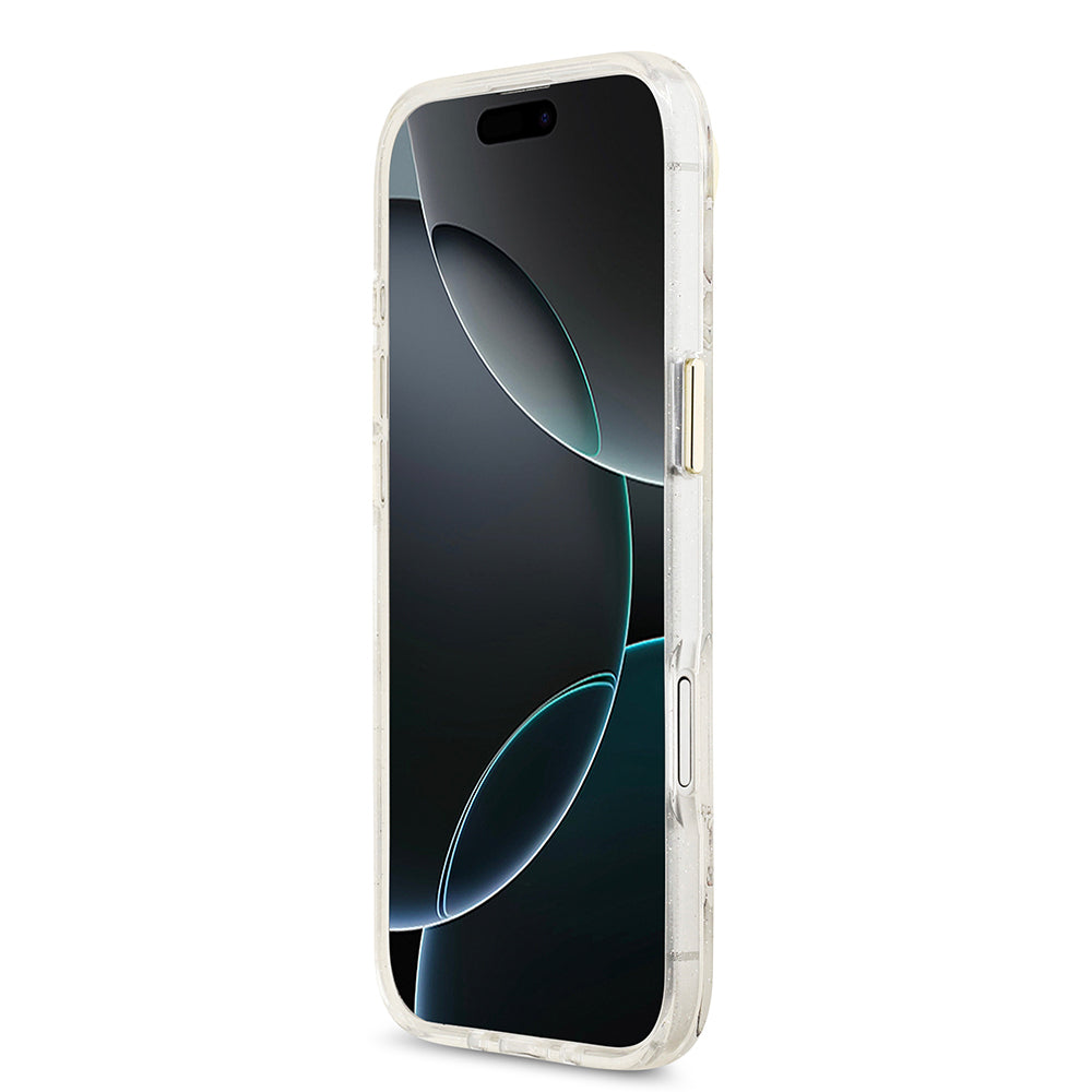 iPhone 17 Air Kılıf Guess Orjinal Lisanslı M-safe Şarj Özellikli Simli Çiçek Desenli Metal Kamera Çerçeveli Üçgen Logolu Kapak