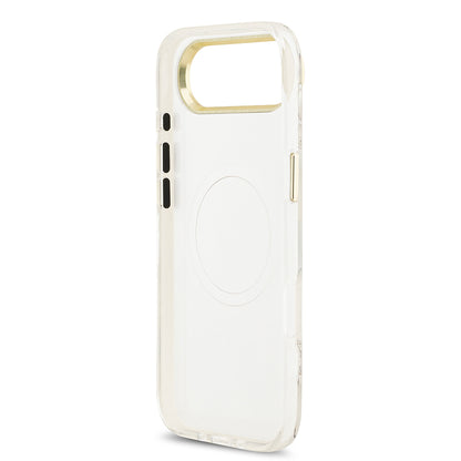 iPhone 17 Air Kılıf Guess Orjinal Lisanslı M-safe Şarj Özellikli Simli Çiçek Desenli Metal Kamera Çerçeveli Üçgen Logolu Kapak