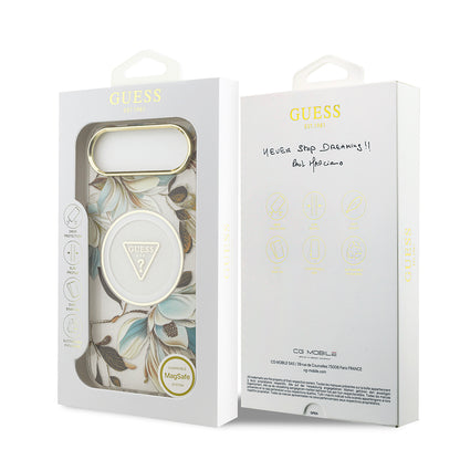 iPhone 17 Air Kılıf Guess Orjinal Lisanslı M-safe Şarj Özellikli Simli Çiçek Desenli Metal Kamera Çerçeveli Üçgen Logolu Kapak