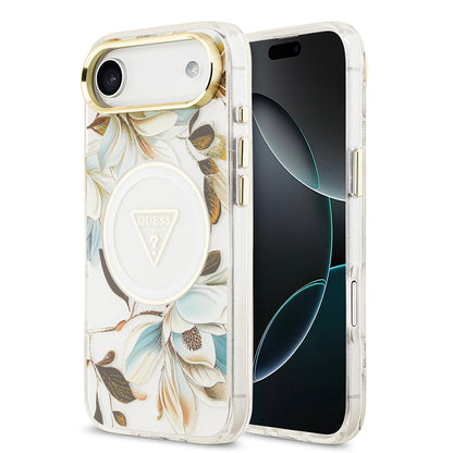 iPhone 17 Air Kılıf Guess Orjinal Lisanslı M-safe Şarj Özellikli Simli Çiçek Desenli Metal Kamera Çerçeveli Üçgen Logolu Kapak