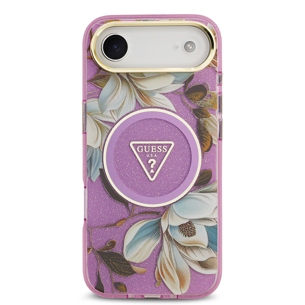 iPhone 17 Air Kılıf Guess Orjinal Lisanslı M-safe Şarj Özellikli Simli Çiçek Desenli Metal Kamera Çerçeveli Üçgen Logolu Kapak