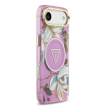 iPhone 17 Air Kılıf Guess Orjinal Lisanslı M-safe Şarj Özellikli Simli Çiçek Desenli Metal Kamera Çerçeveli Üçgen Logolu Kapak