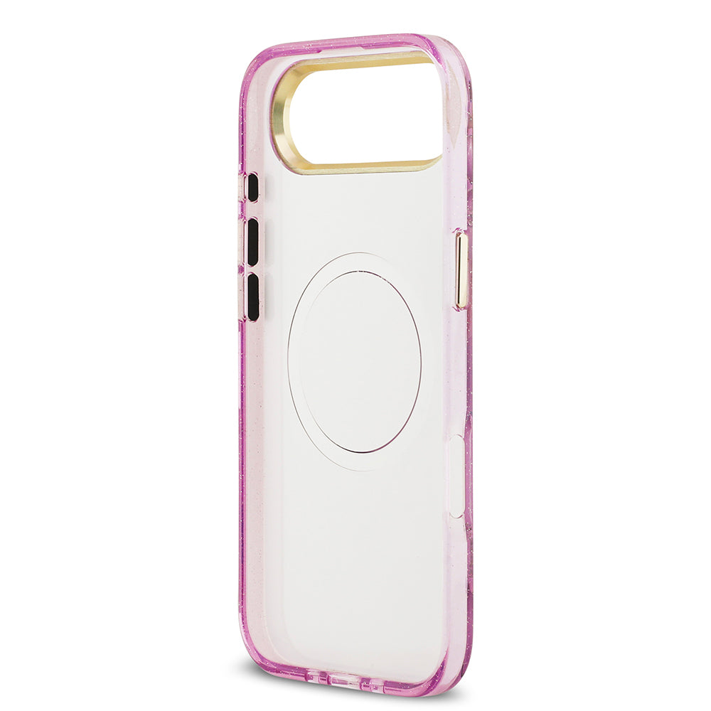 iPhone 17 Air Kılıf Guess Orjinal Lisanslı M-safe Şarj Özellikli Simli Çiçek Desenli Metal Kamera Çerçeveli Üçgen Logolu Kapak