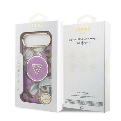 iPhone 17 Air Kılıf Guess Orjinal Lisanslı M-safe Şarj Özellikli Simli Çiçek Desenli Metal Kamera Çerçeveli Üçgen Logolu Kapak