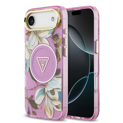 iPhone 17 Air Kılıf Guess Orjinal Lisanslı M-safe Şarj Özellikli Simli Çiçek Desenli Metal Kamera Çerçeveli Üçgen Logolu Kapak