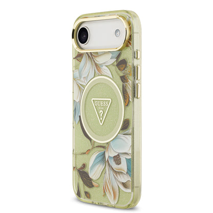 iPhone 17 Air Kılıf Guess Orjinal Lisanslı M-safe Şarj Özellikli Simli Çiçek Desenli Metal Kamera Çerçeveli Üçgen Logolu Kapak