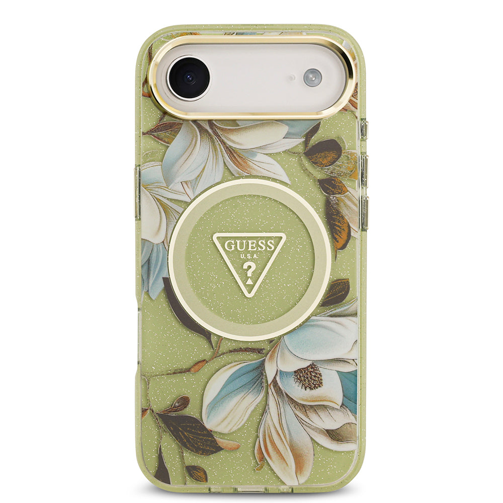 iPhone 17 Air Kılıf Guess Orjinal Lisanslı M-safe Şarj Özellikli Simli Çiçek Desenli Metal Kamera Çerçeveli Üçgen Logolu Kapak