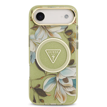 iPhone 17 Air Kılıf Guess Orjinal Lisanslı M-safe Şarj Özellikli Simli Çiçek Desenli Metal Kamera Çerçeveli Üçgen Logolu Kapak