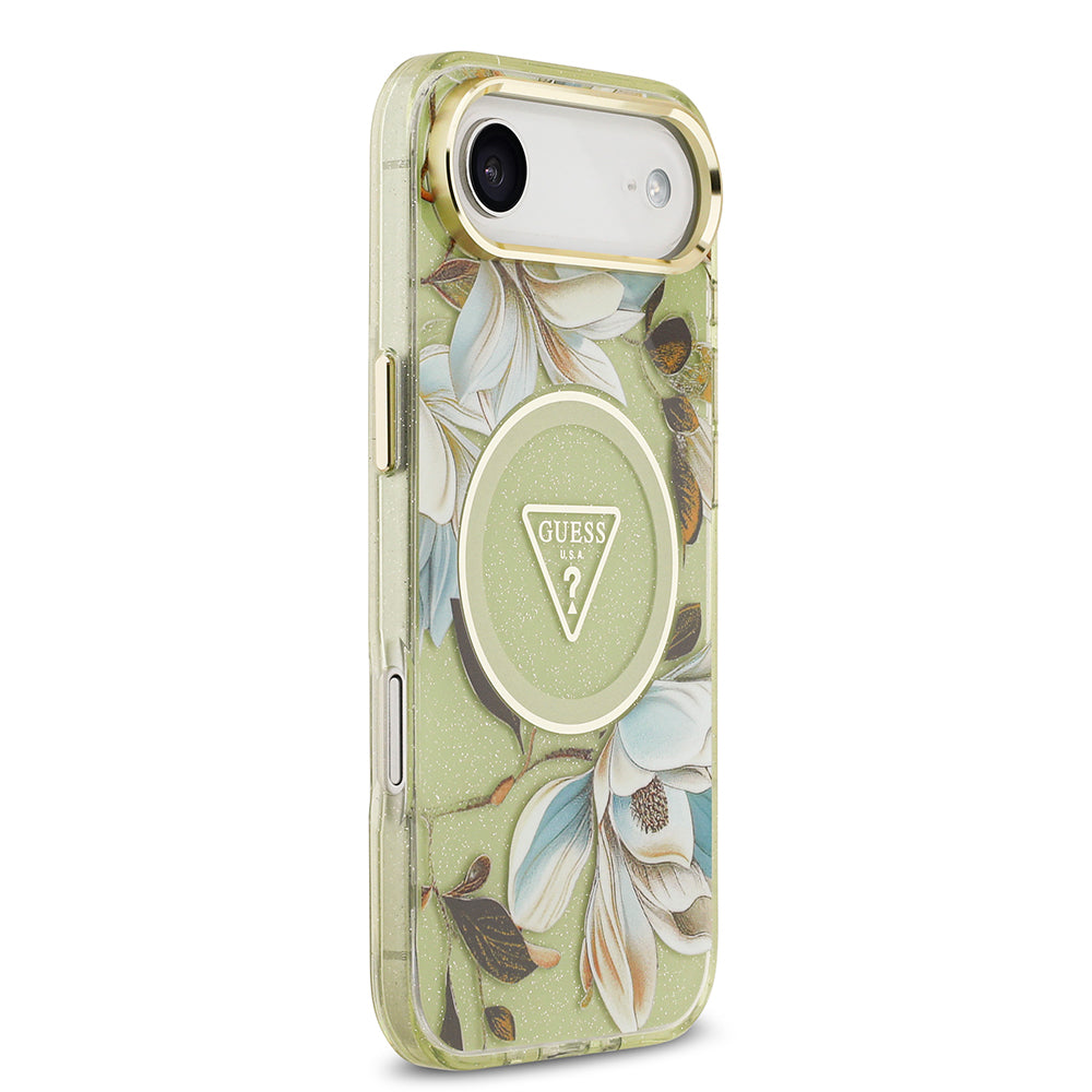 iPhone 17 Air Kılıf Guess Orjinal Lisanslı M-safe Şarj Özellikli Simli Çiçek Desenli Metal Kamera Çerçeveli Üçgen Logolu Kapak