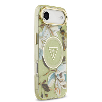 iPhone 17 Air Kılıf Guess Orjinal Lisanslı M-safe Şarj Özellikli Simli Çiçek Desenli Metal Kamera Çerçeveli Üçgen Logolu Kapak