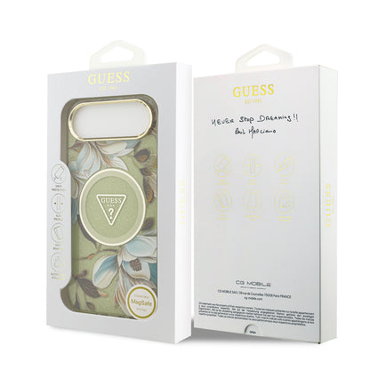 iPhone 17 Air Kılıf Guess Orjinal Lisanslı M-safe Şarj Özellikli Simli Çiçek Desenli Metal Kamera Çerçeveli Üçgen Logolu Kapak