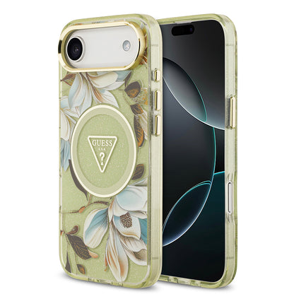 iPhone 17 Air Kılıf Guess Orjinal Lisanslı M-safe Şarj Özellikli Simli Çiçek Desenli Metal Kamera Çerçeveli Üçgen Logolu Kapak
