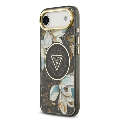 iPhone 17 Air Kılıf Guess Orjinal Lisanslı M-safe Şarj Özellikli Simli Çiçek Desenli Metal Kamera Çerçeveli Üçgen Logolu Kapak