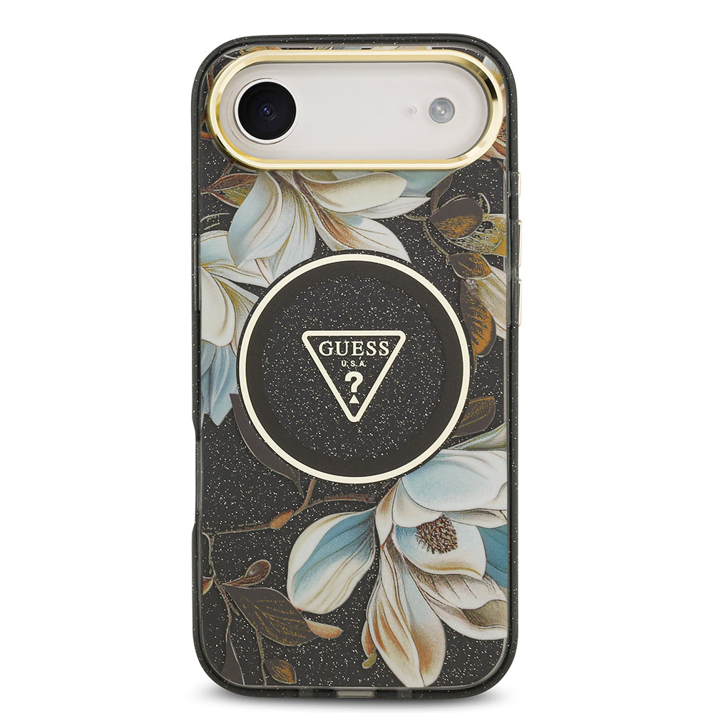 iPhone 17 Air Kılıf Guess Orjinal Lisanslı M-safe Şarj Özellikli Simli Çiçek Desenli Metal Kamera Çerçeveli Üçgen Logolu Kapak
