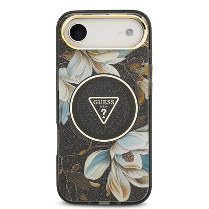iPhone 17 Air Kılıf Guess Orjinal Lisanslı M-safe Şarj Özellikli Simli Çiçek Desenli Metal Kamera Çerçeveli Üçgen Logolu Kapak