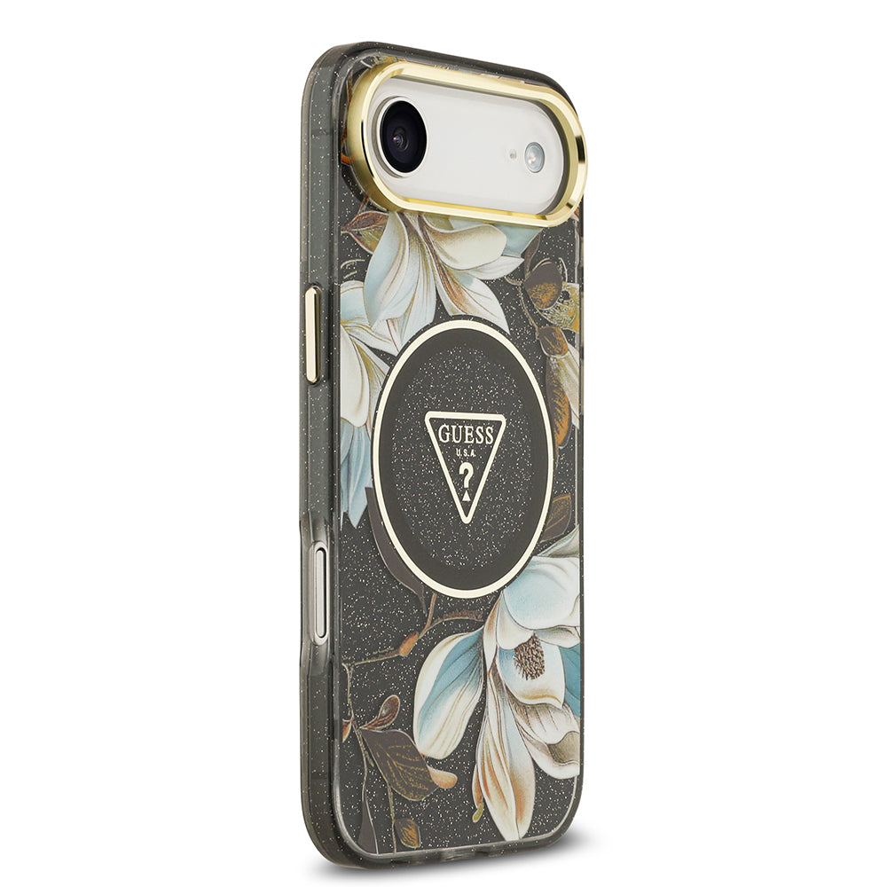 iPhone 17 Air Kılıf Guess Orjinal Lisanslı M-safe Şarj Özellikli Simli Çiçek Desenli Metal Kamera Çerçeveli Üçgen Logolu Kapak