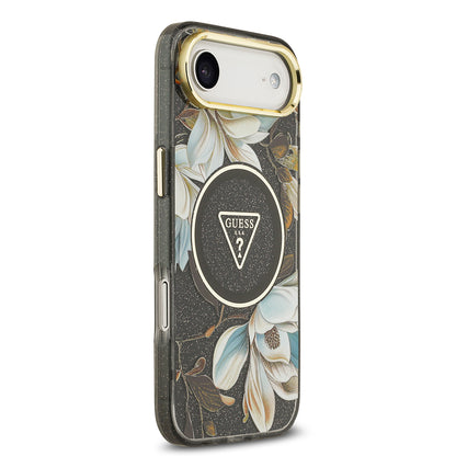 iPhone 17 Air Kılıf Guess Orjinal Lisanslı M-safe Şarj Özellikli Simli Çiçek Desenli Metal Kamera Çerçeveli Üçgen Logolu Kapak