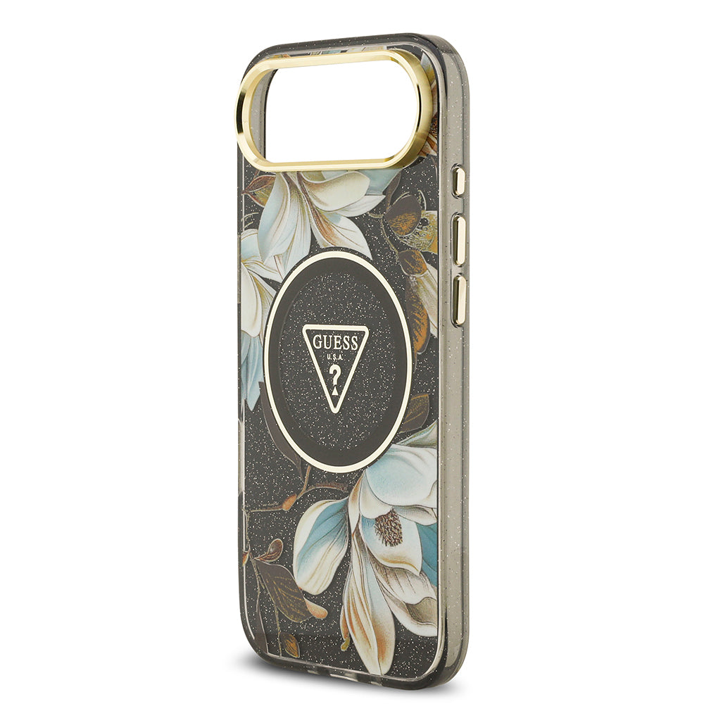 iPhone 17 Air Kılıf Guess Orjinal Lisanslı M-safe Şarj Özellikli Simli Çiçek Desenli Metal Kamera Çerçeveli Üçgen Logolu Kapak