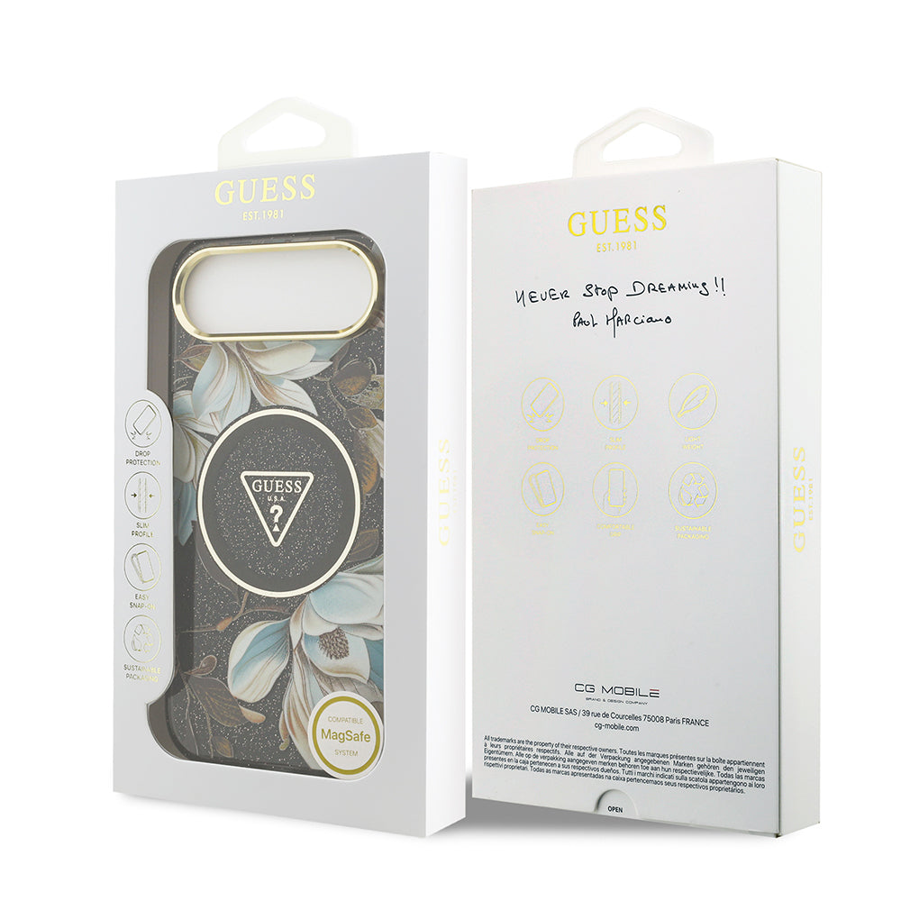 iPhone 17 Air Kılıf Guess Orjinal Lisanslı M-safe Şarj Özellikli Simli Çiçek Desenli Metal Kamera Çerçeveli Üçgen Logolu Kapak