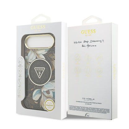 iPhone 17 Air Kılıf Guess Orjinal Lisanslı M-safe Şarj Özellikli Simli Çiçek Desenli Metal Kamera Çerçeveli Üçgen Logolu Kapak