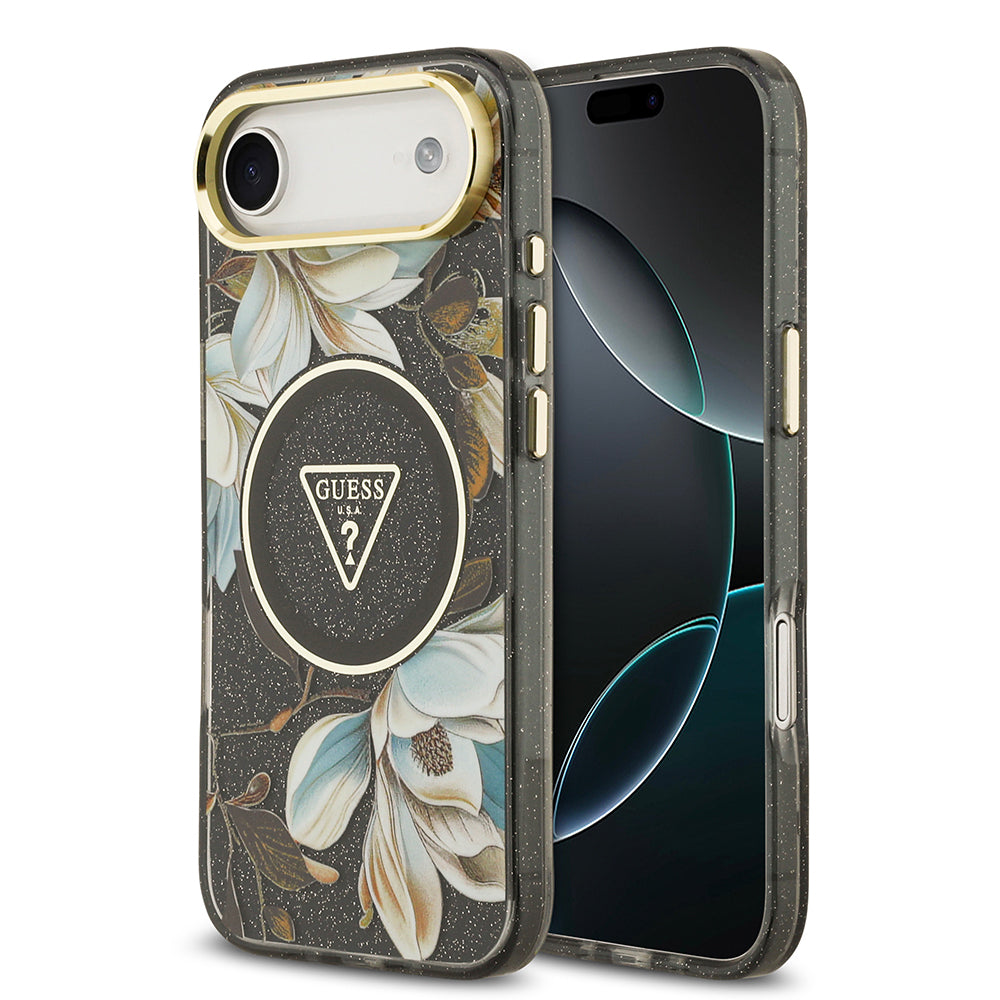 iPhone 17 Air Kılıf Guess Orjinal Lisanslı M-safe Şarj Özellikli Simli Çiçek Desenli Metal Kamera Çerçeveli Üçgen Logolu Kapak