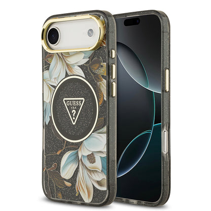 iPhone 17 Air Kılıf Guess Orjinal Lisanslı M-safe Şarj Özellikli Simli Çiçek Desenli Metal Kamera Çerçeveli Üçgen Logolu Kapak