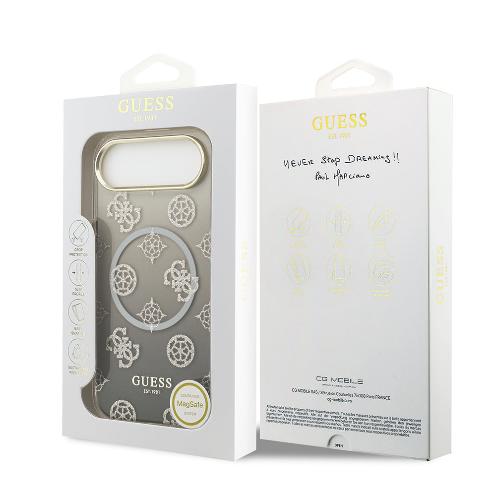 iPhone 17 Air Kılıf Guess Orjinal Lisanslı M-safe Şarj Özellikli Simli Peony Desenli Silikon Kapak