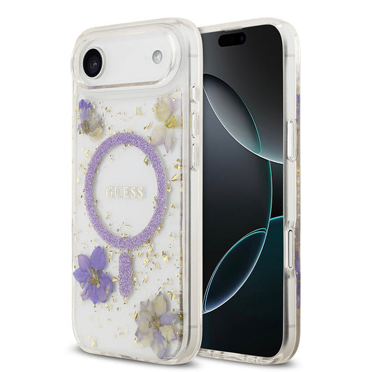 Apple iPhone 17 Air Kılıf Guess Orjinal Lisanslı M-safe Şarj Özellikli Transparan Resin Flowers Kapak