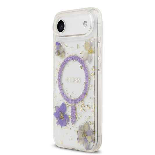 iPhone 17 Air Kılıf Guess Orjinal Lisanslı M-safe Şarj Özellikli Transparan Resin Flowers Kapak