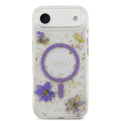 iPhone 17 Air Kılıf Guess Orjinal Lisanslı M-safe Şarj Özellikli Transparan Resin Flowers Kapak