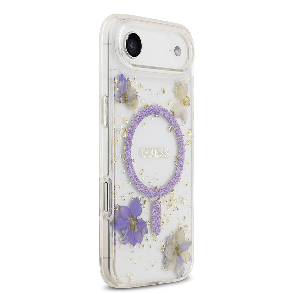 iPhone 17 Air Kılıf Guess Orjinal Lisanslı M-safe Şarj Özellikli Transparan Resin Flowers Kapak